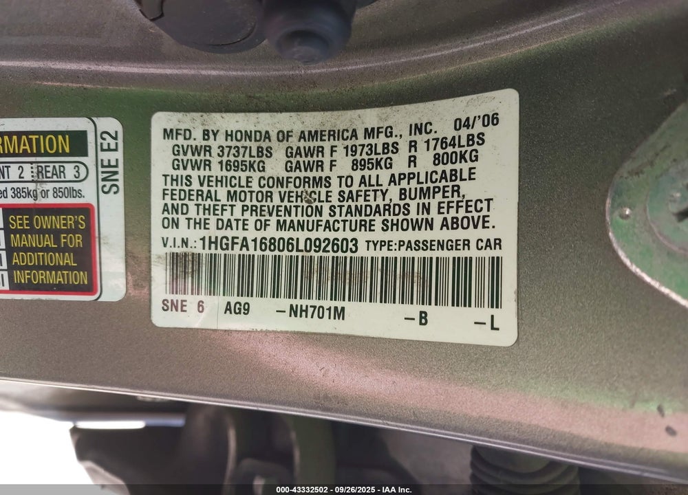 2006 HONDA CIVIC EX VIN: 1HGFA16806L092603