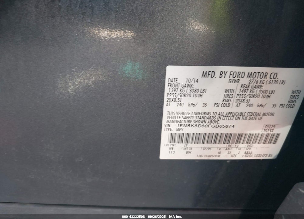2015 FORD EXPLORER VIN: 1FM5K8D80FGB05874