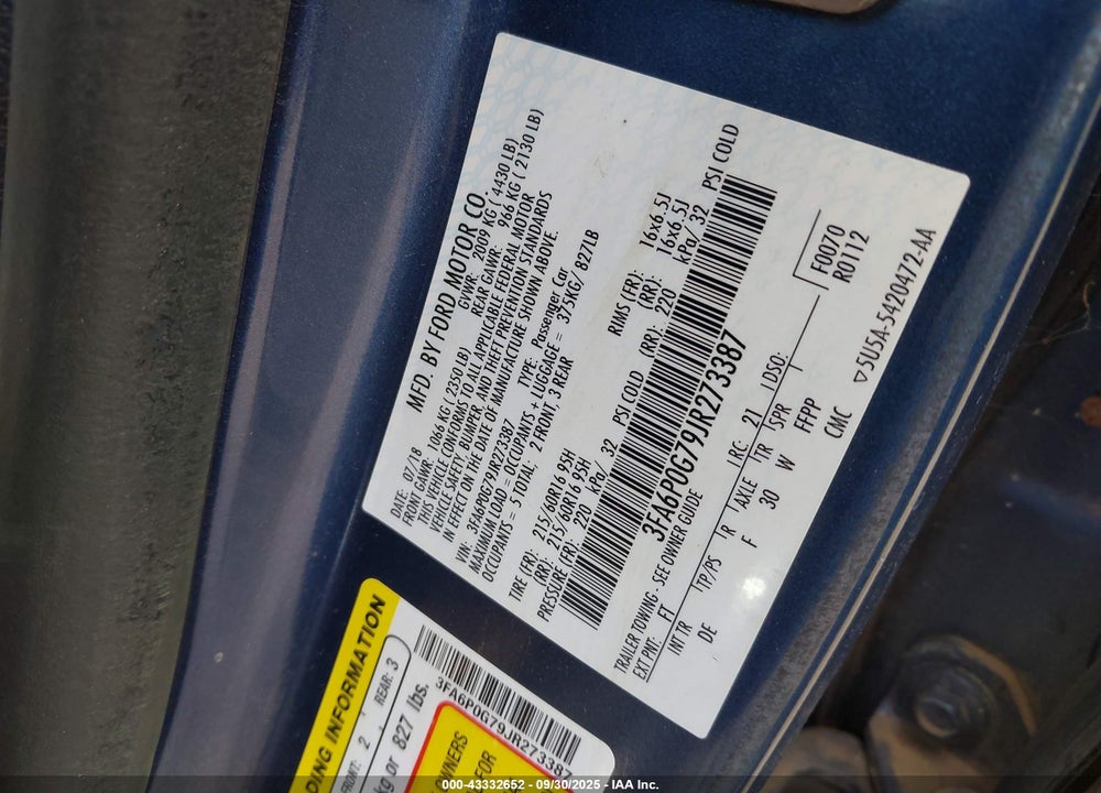 2018 FORD FUSION VIN: 3FA6P0G79JR273387