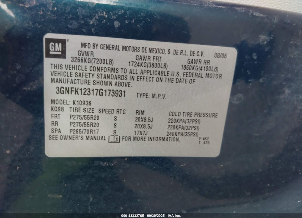 2007 CHEVROLET AVALANCHE VIN: 3GNFK12317G173931