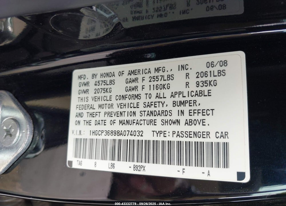 2008 HONDA ACCORD 3.5 EX-L VIN: 1HGCP36898A074032