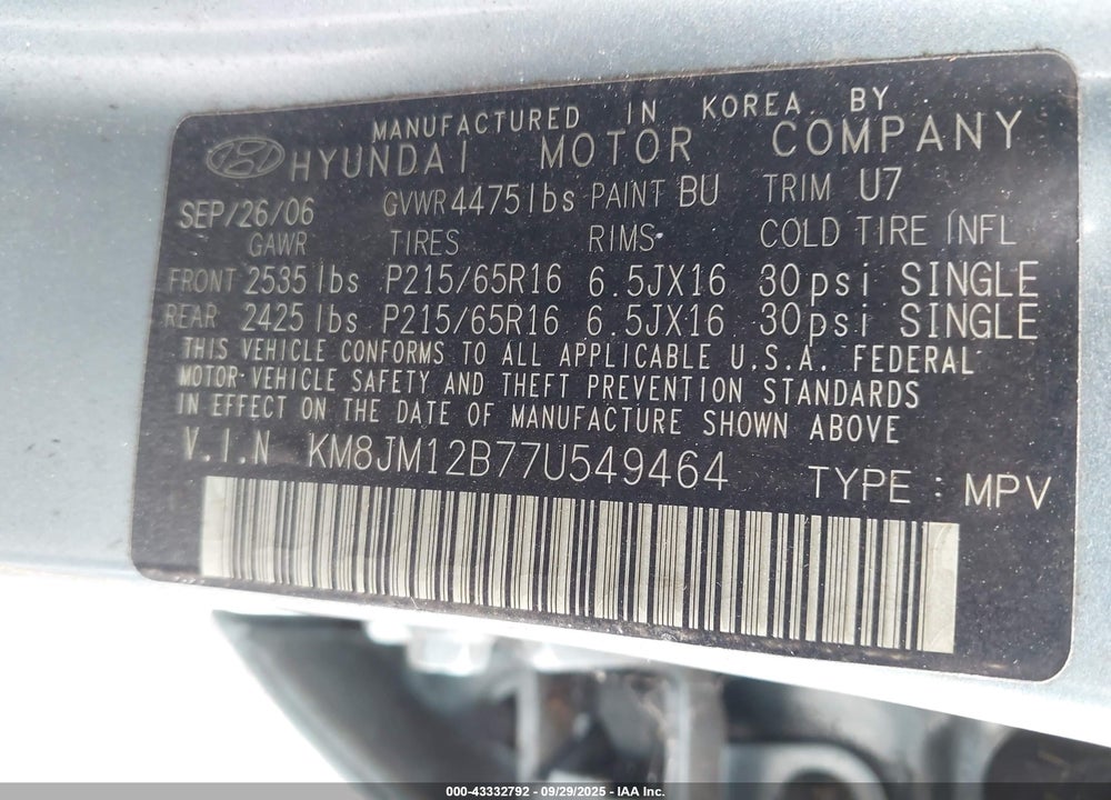2007 HYUNDAI TUCSON GLS VIN: KM8JM12B77U549464