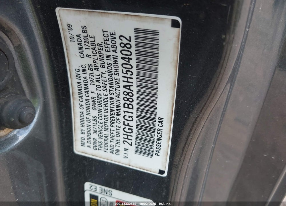 2010 HONDA CIVIC EX VIN: 2HGFG1B88AH504082
