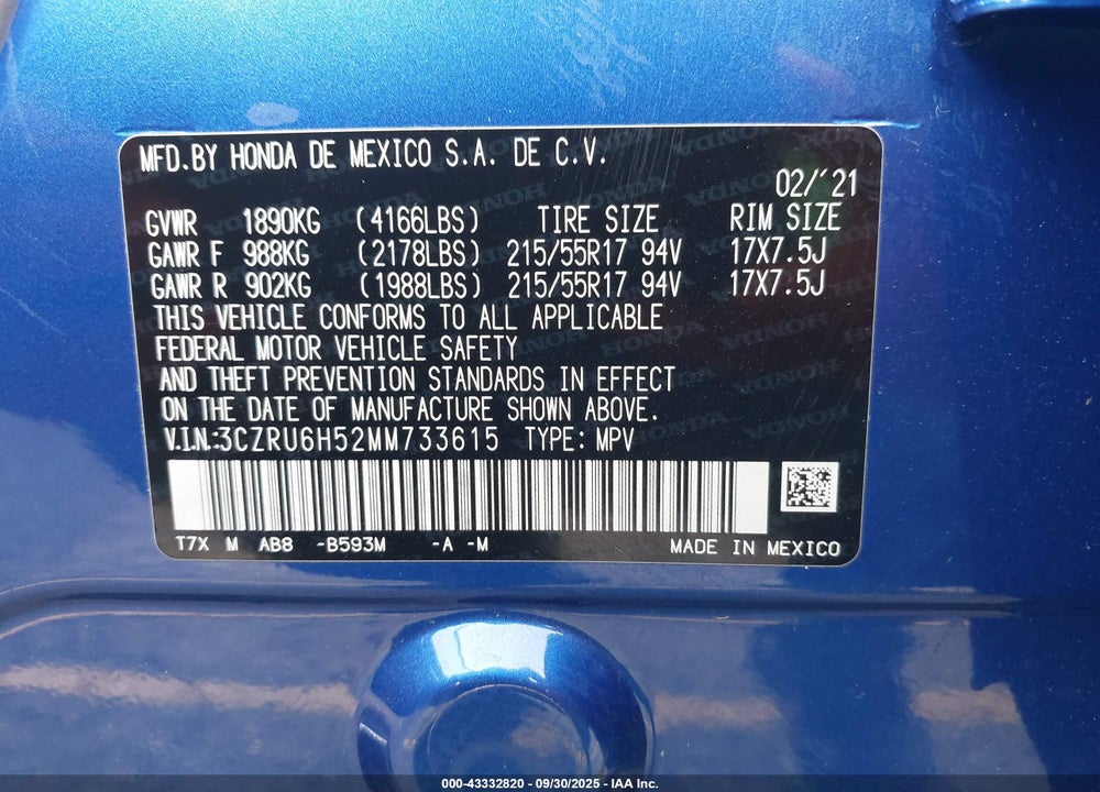 2021 HONDA HR-V VIN: 3CZRU6H52MM733615