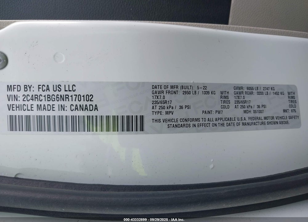 2022 CHRYSLER PACIFICA TOURING L VIN: 2C4RC1BG6NR170102