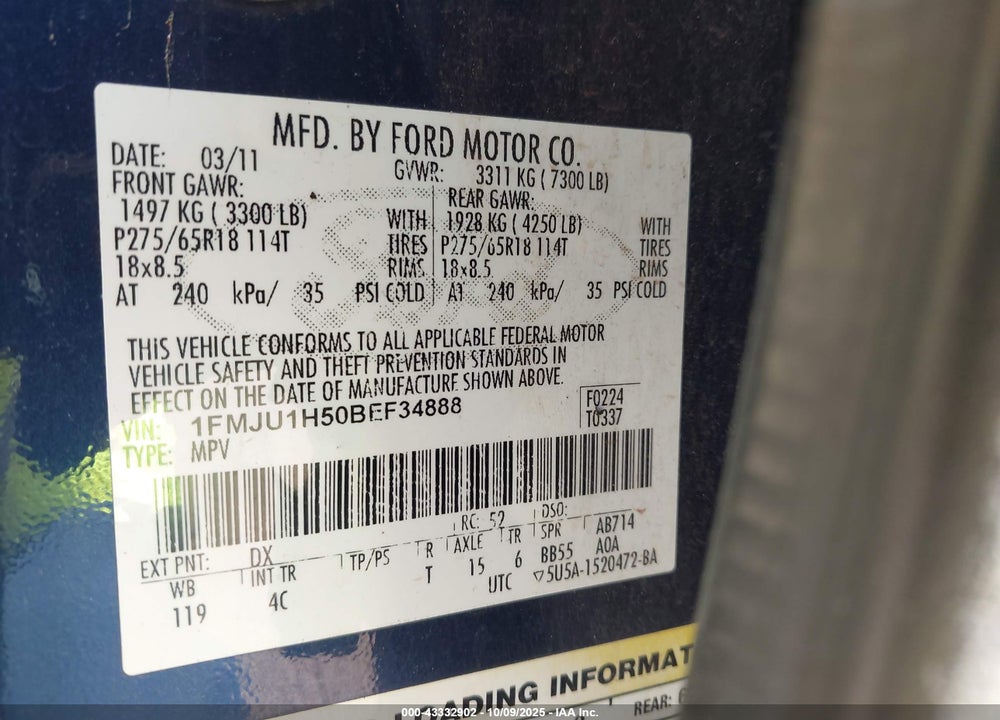 2011 FORD EXPEDITION VIN: 1FMJU1H50BEF34888