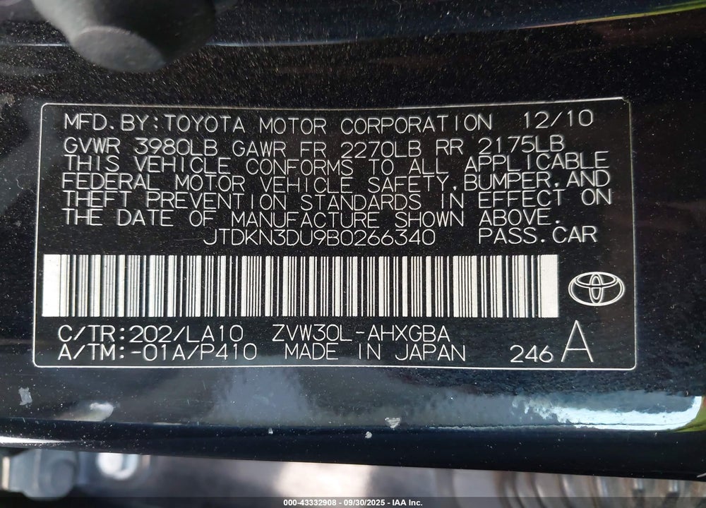 2011 TOYOTA PRIUS VIN: JTDKN3DU9B0266340