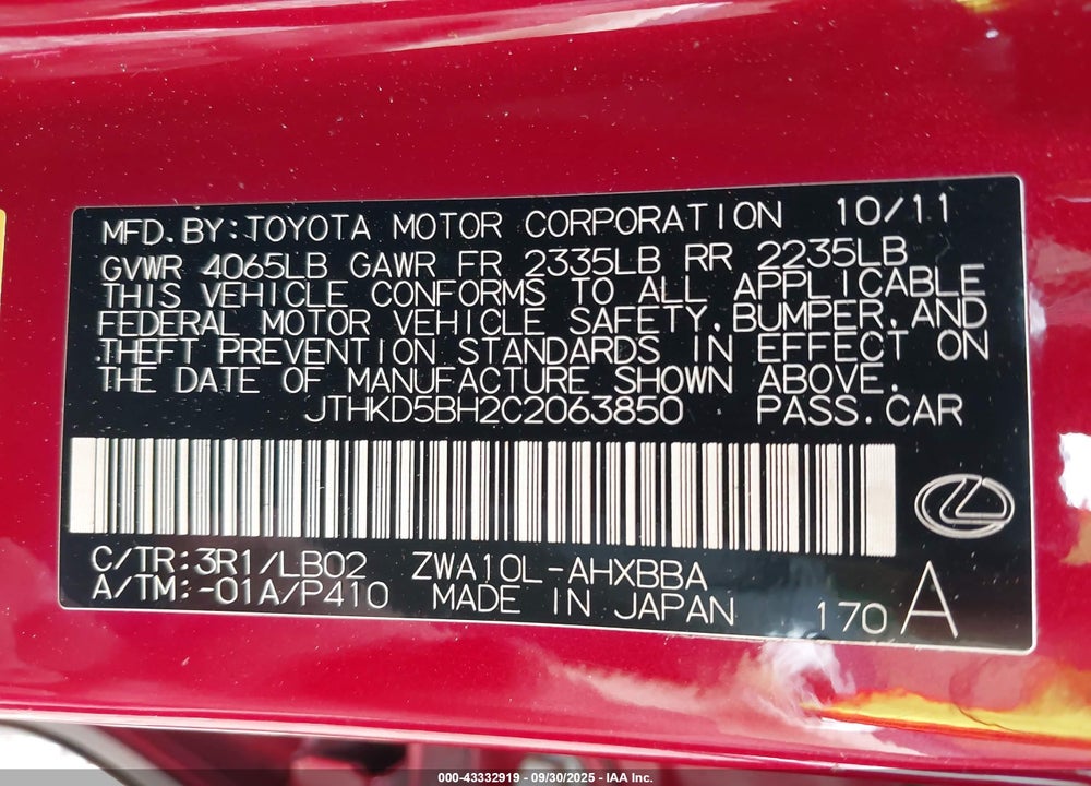2012 LEXUS CT 200H VIN: JTHKD5BH2C2063850