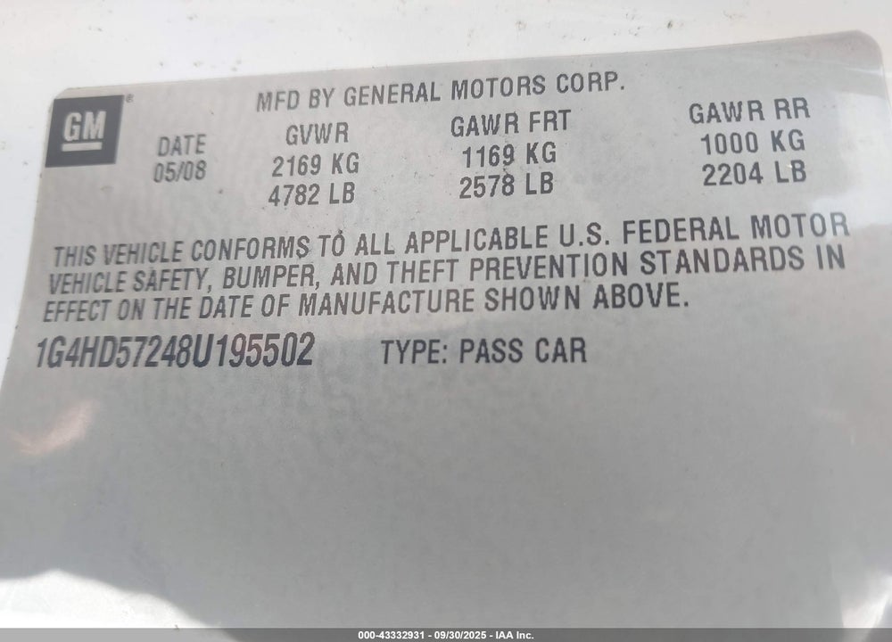 2008 BUICK LUCERNE CXL VIN: 1G4HD57248U195502