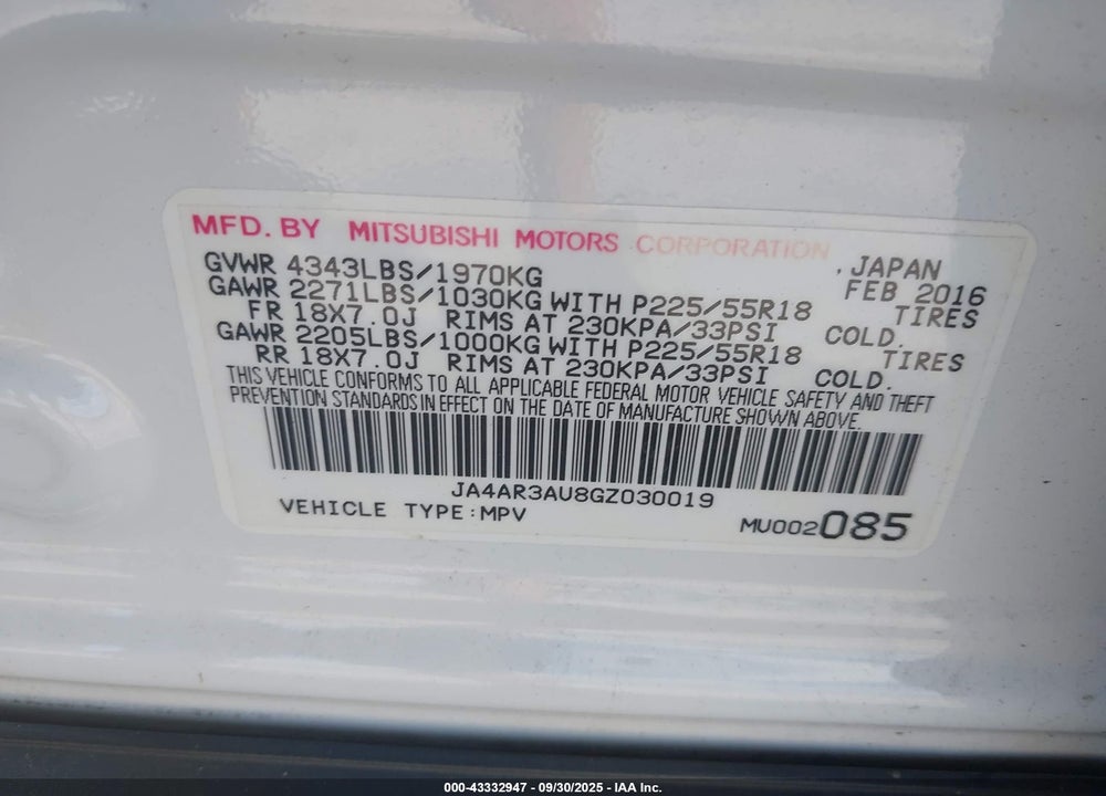 2016 MITSUBISHI OUTLANDER SPORT VIN: JA4AR3AU8GZ030019