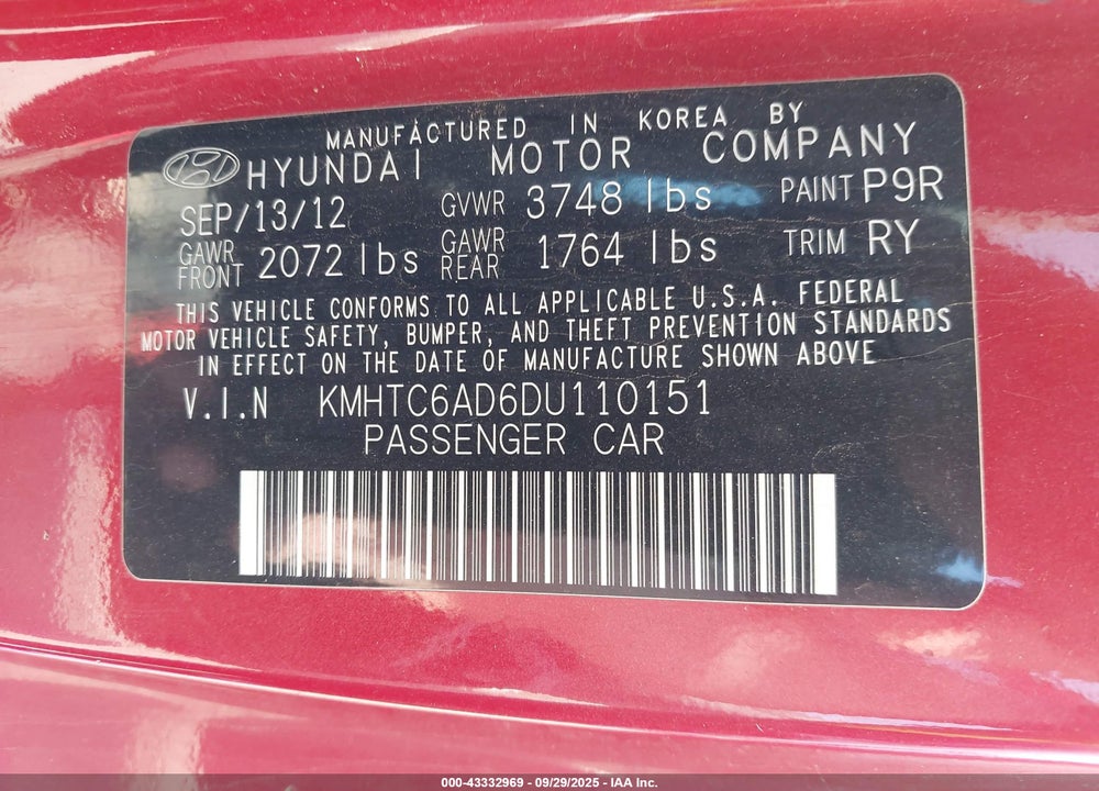 2013 HYUNDAI VELOSTER BASE W/GRAY VIN: KMHTC6AD6DU110151