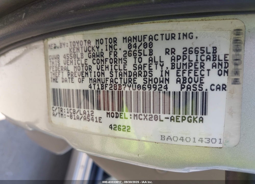 2000 TOYOTA AVALON XLS VIN: 4T1BF28B7YU069924