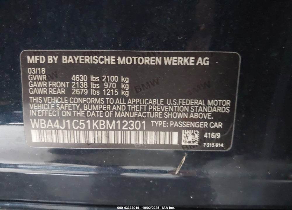 2019 BMW 4 SERIES VIN: WBA4J1C51KBM12301