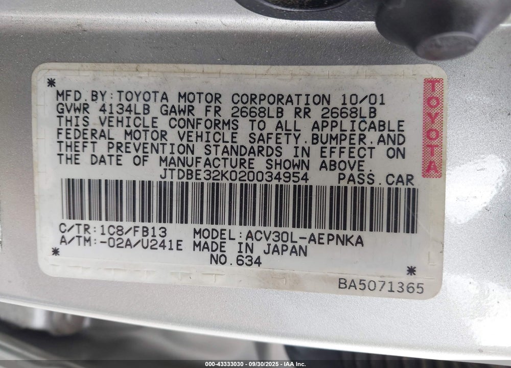 2002 TOYOTA CAMRY LE VIN: JTDBE32K020034954