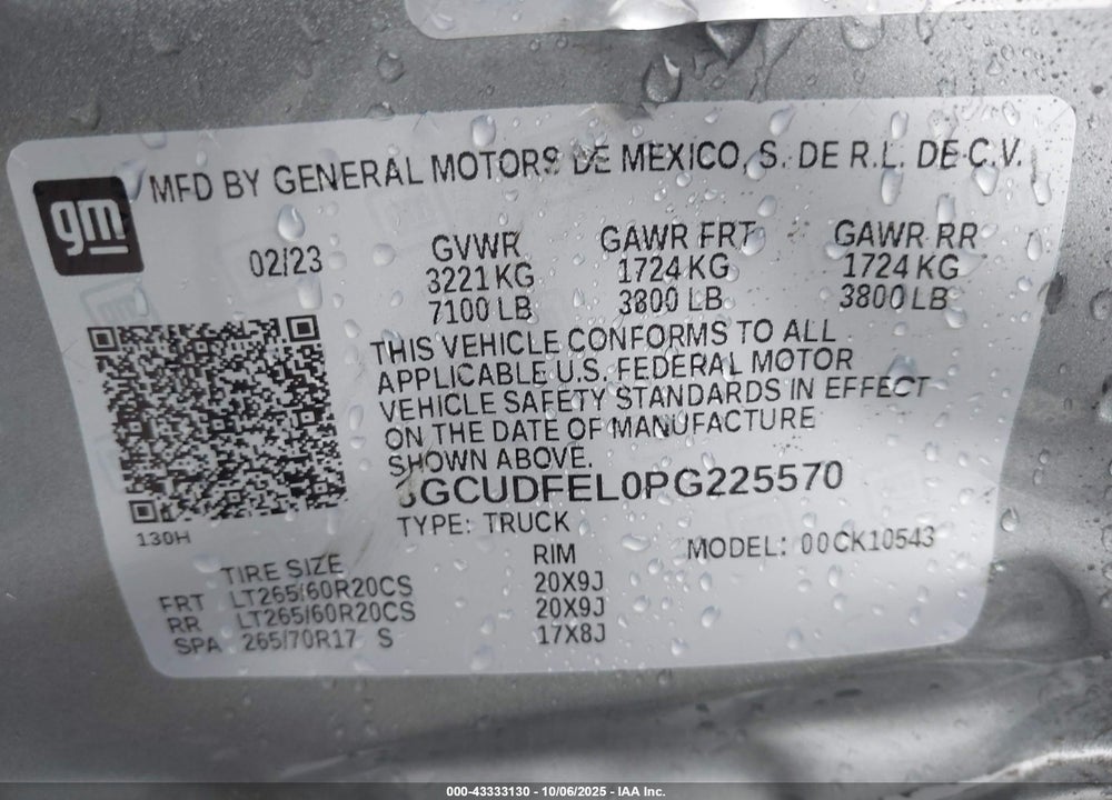 2023 CHEVROLET SILVERADO 1500 VIN: 3GCUDFEL0PG225570