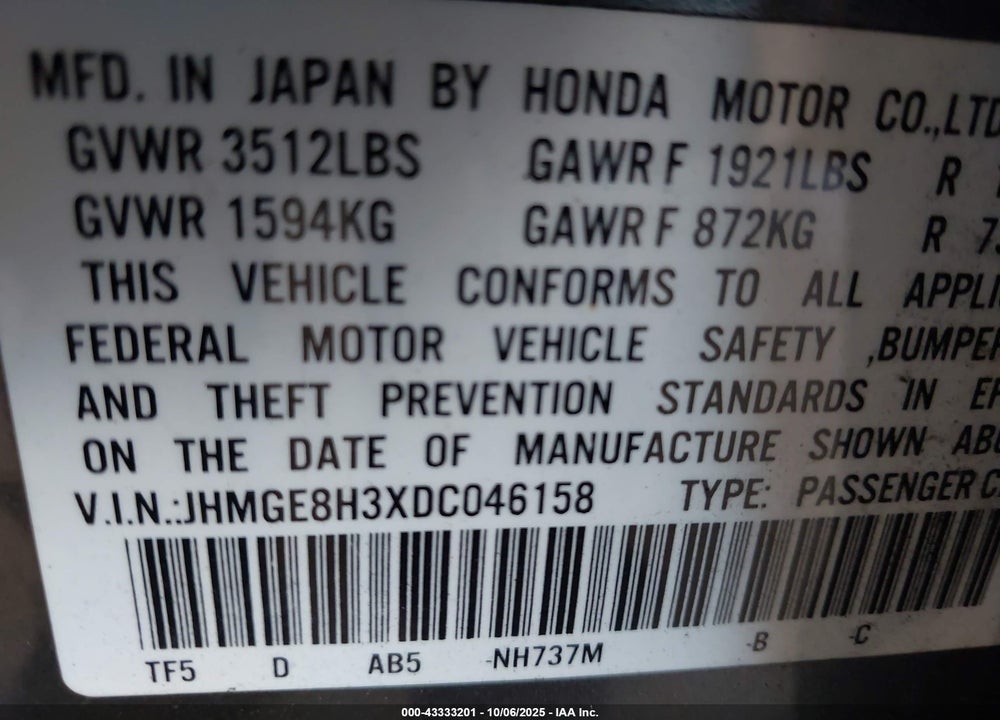 2013 HONDA FIT VIN: JHMGE8H3XDC046158