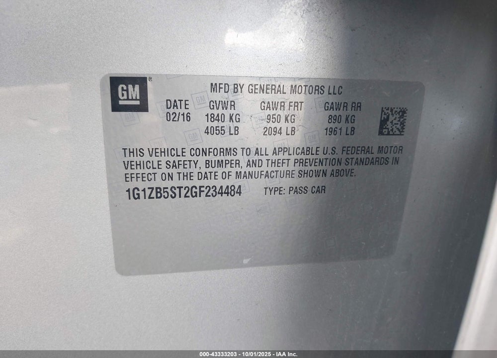2016 CHEVROLET MALIBU LS VIN: 1G1ZB5ST2GF234484