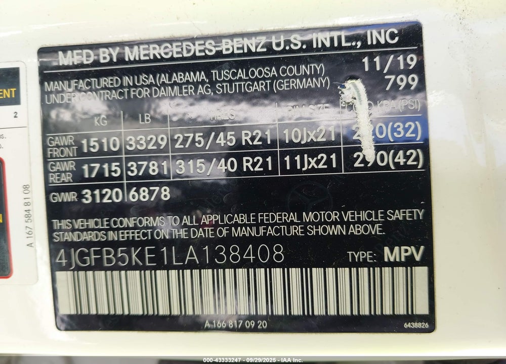 2020 MERCEDES-BENZ GLE CLASS VIN: 4JGFB5KE1LA138408