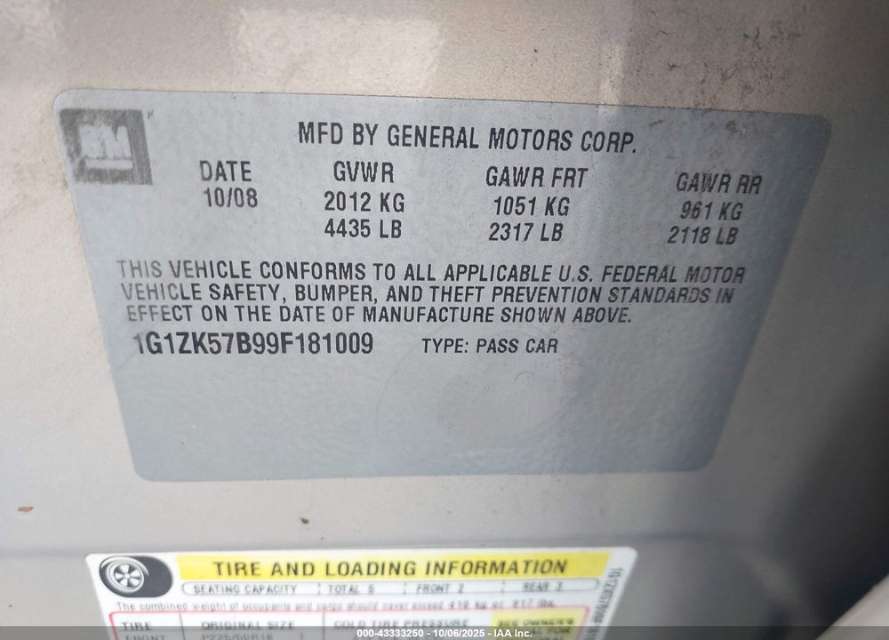 2009 CHEVROLET MALIBU LTZ VIN: 1G1ZK57B99F181009