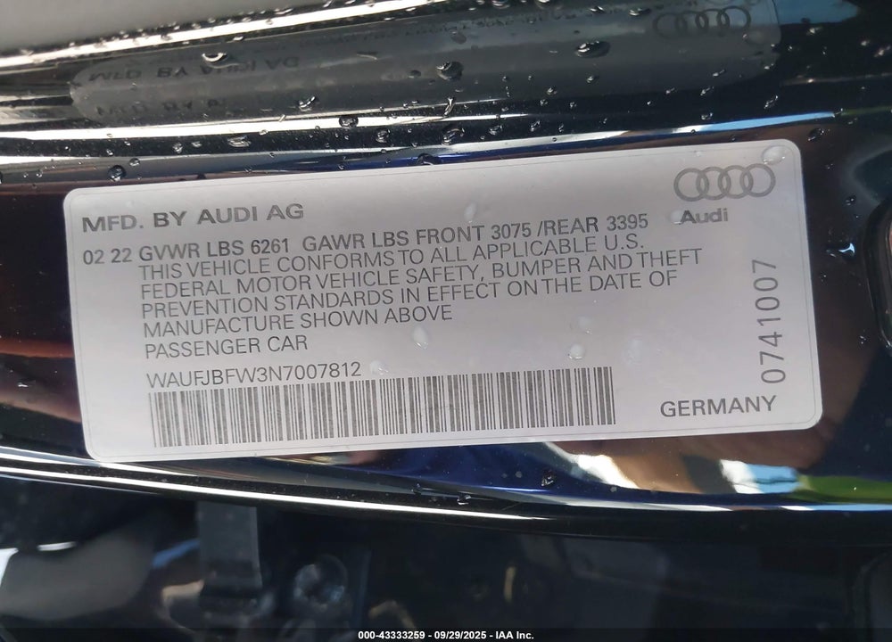 2022 AUDI E-TRON GT PREMIUM PLUS QUATTRO VIN: WAUFJBFW3N7007812