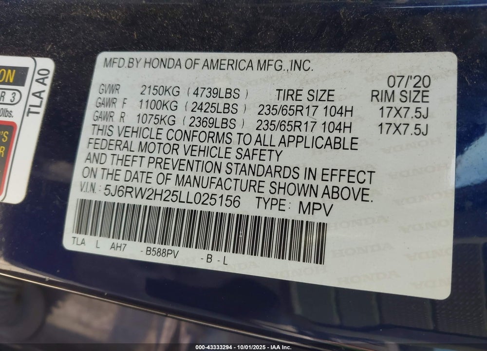 2020 HONDA CR-V VIN: 5J6RW2H25LL025156