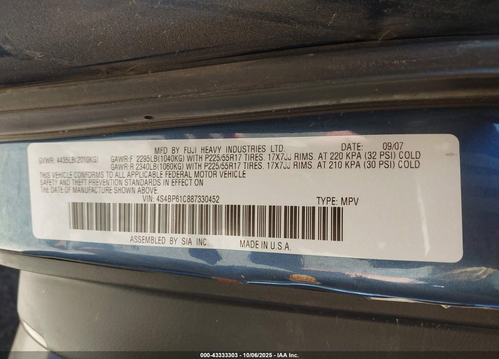 2008 SUBARU OUTBACK VIN: 4S4BP61C887330452