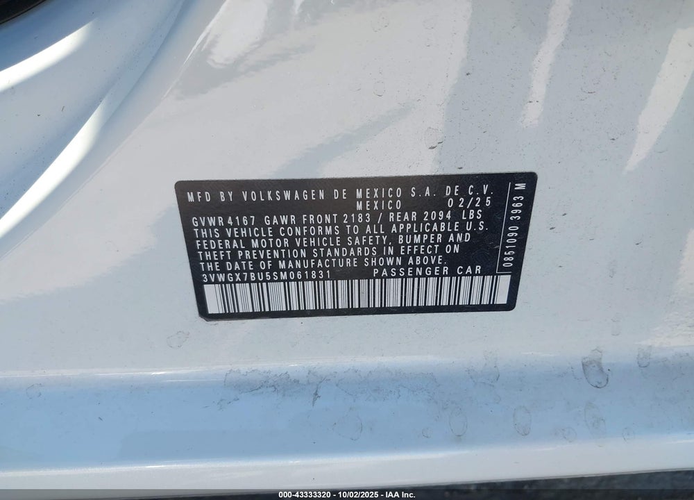 2025 VOLKSWAGEN JETTA 1.5T SEL VIN: 3VWGX7BU5SM061831