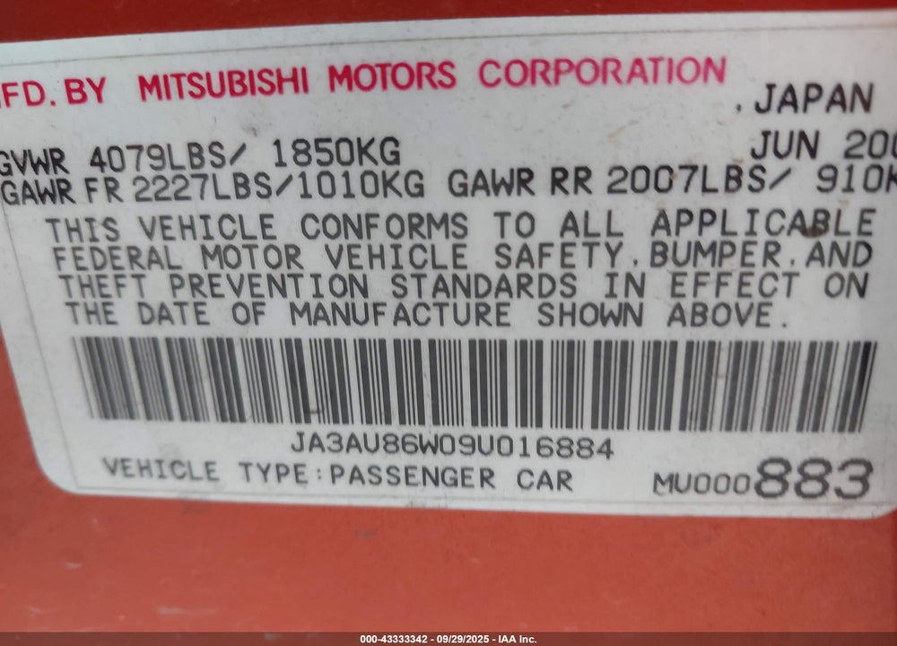2009 MITSUBISHI LANCER VIN: JA3AU86W09U016884
