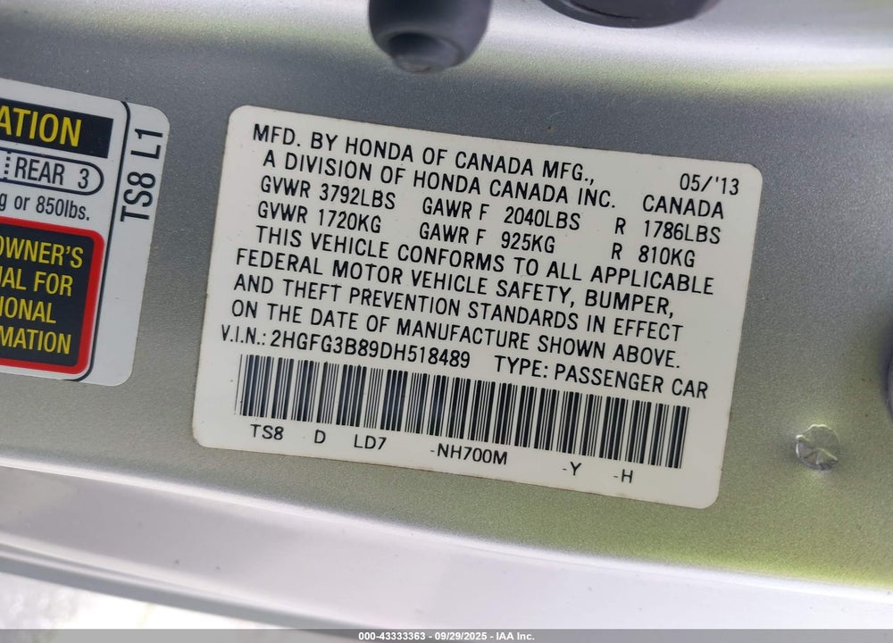 2013 HONDA CIVIC VIN: 2HGFG3B89DH518489