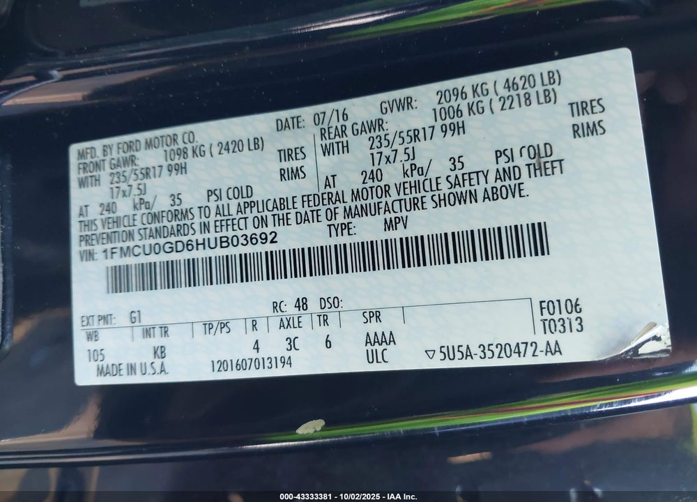 2017 FORD ESCAPE VIN: 1FMCU0GD6HUB03692