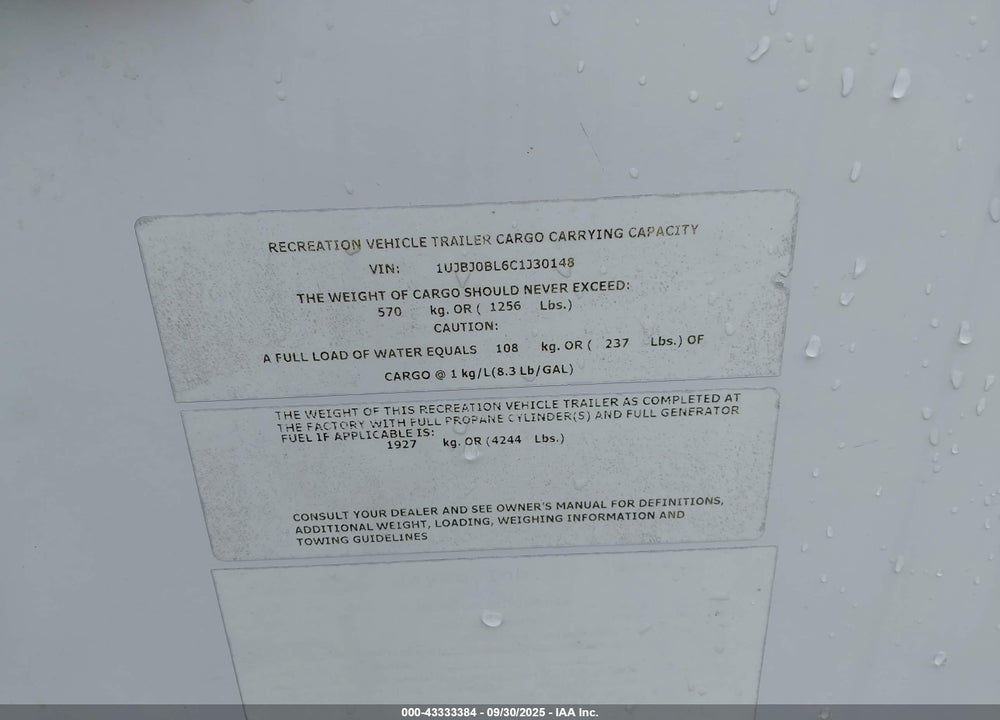 2012 JAYCO FEATHERLIT VIN: 1UJBJ0BL6C1J30148