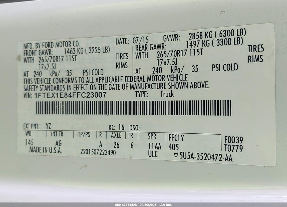 2015 FORD F-150 VIN: 1FTEX1E84FFC23007