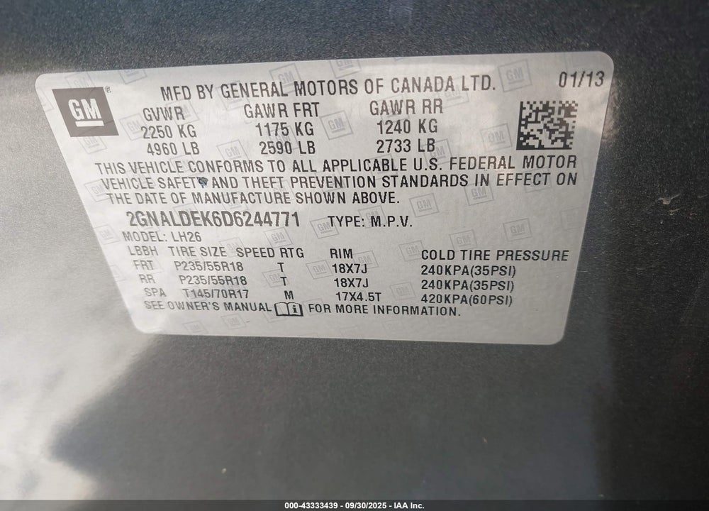 2013 CHEVROLET EQUINOX VIN: 2GNALDEK6D6244771