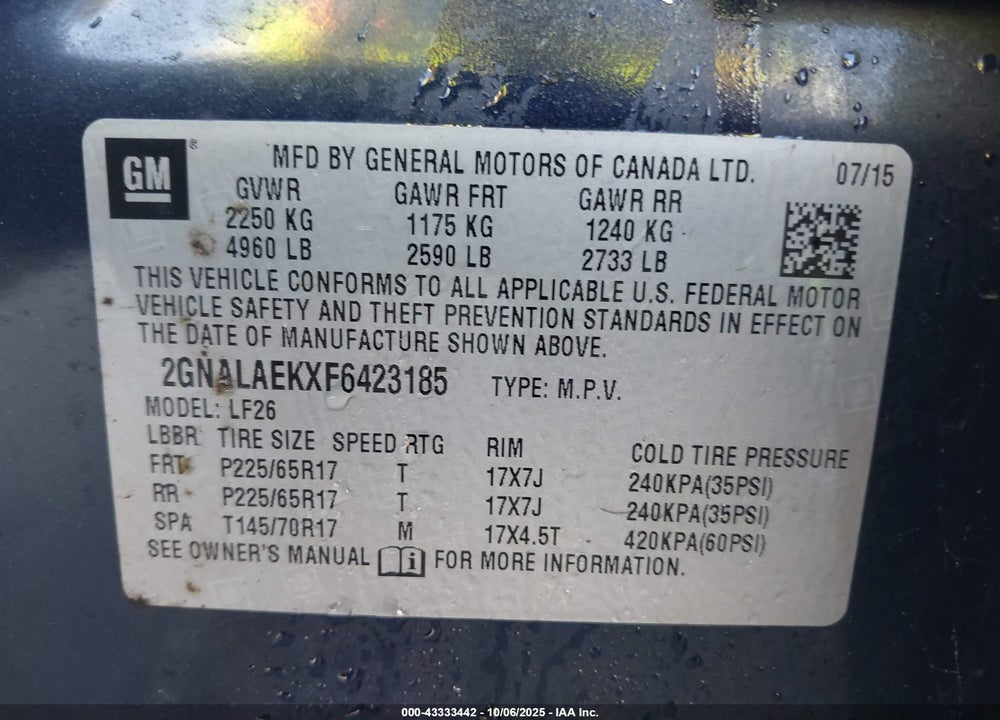 2015 CHEVROLET EQUINOX LS VIN: 2GNALAEKXF6423185