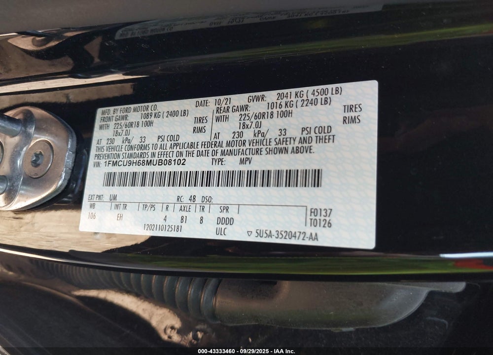 2021 FORD ESCAPE VIN: 1FMCU9H68MUB08102