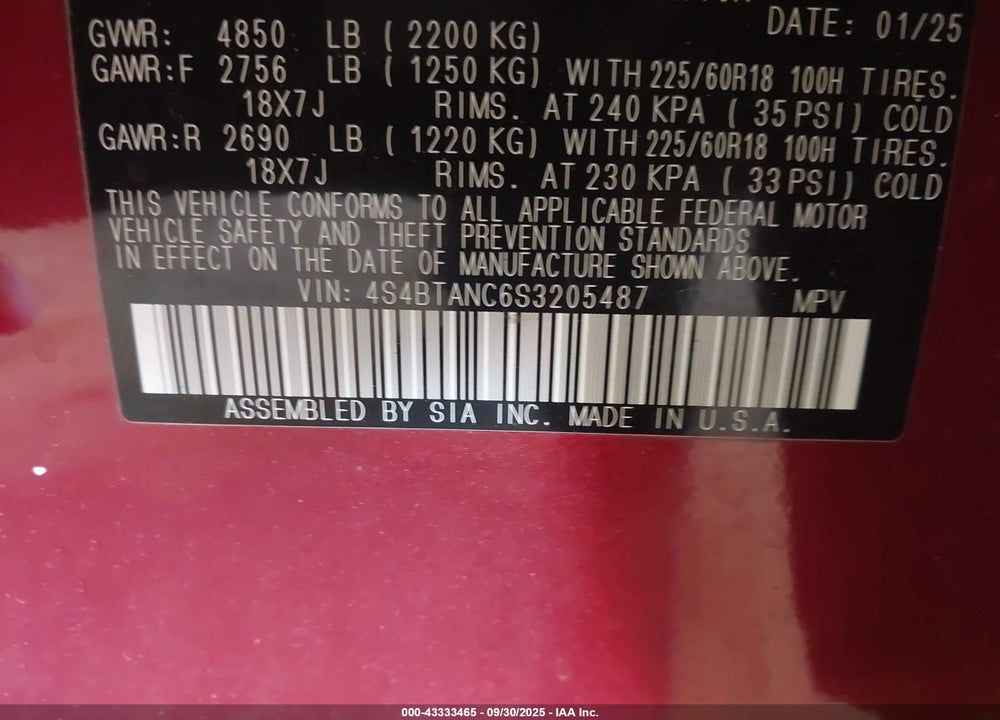 2025 SUBARU OUTBACK VIN: 4S4BTANC6S3205487