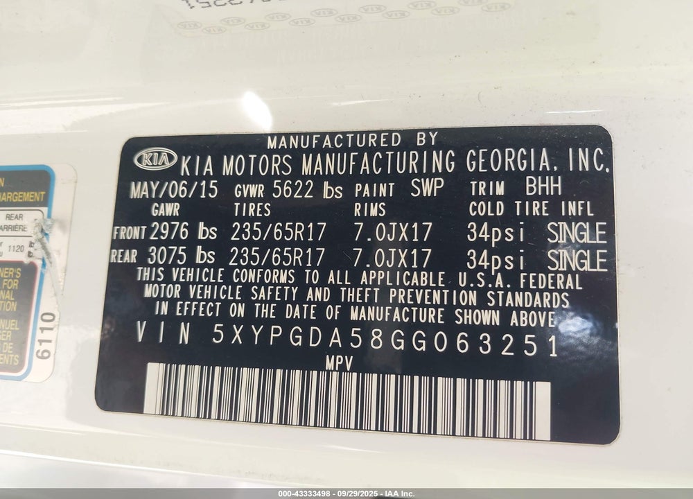 2016 KIA SORENTO VIN: 5XYPGDA58GG063251