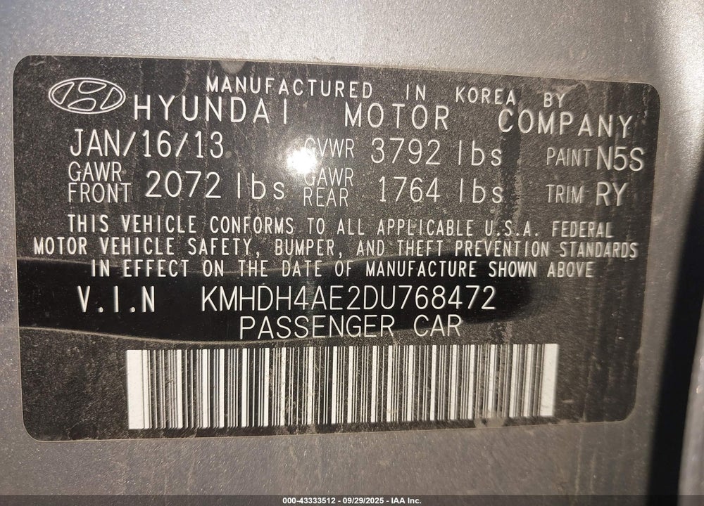 2013 HYUNDAI ELANTRA VIN: KMHDH4AE2DU768472