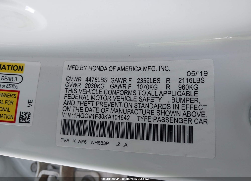2019 HONDA ACCORD SPORT VIN: 1HGCV1F30KA101642