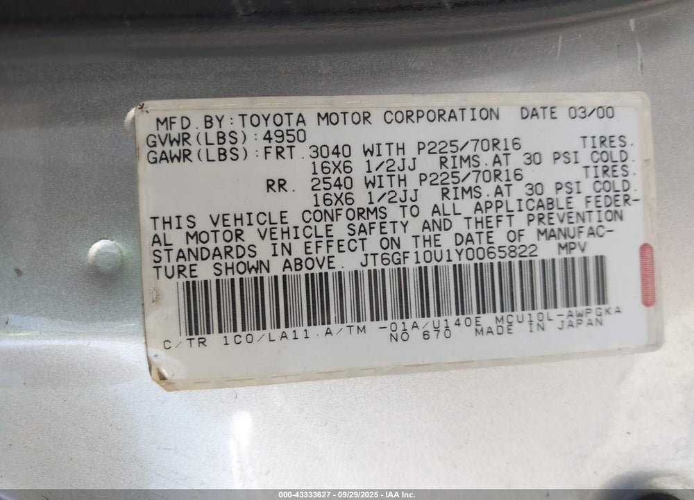 2000 LEXUS RX 300 VIN: JT6GF10U1Y0065822