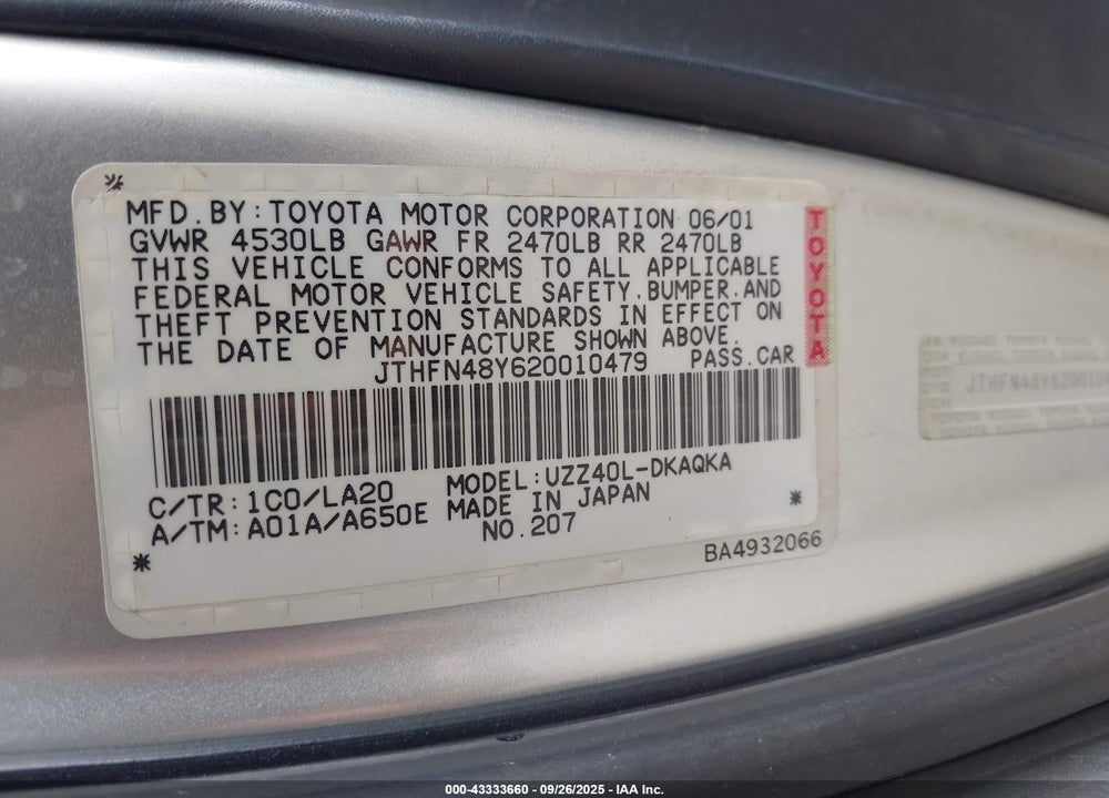 2002 LEXUS SC 430 VIN: JTHFN48Y620010479