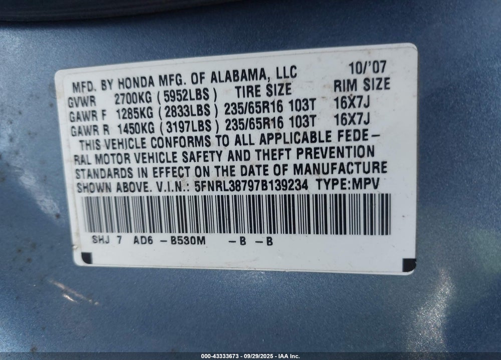 2007 HONDA ODYSSEY VIN: 5FNRL38797B139234