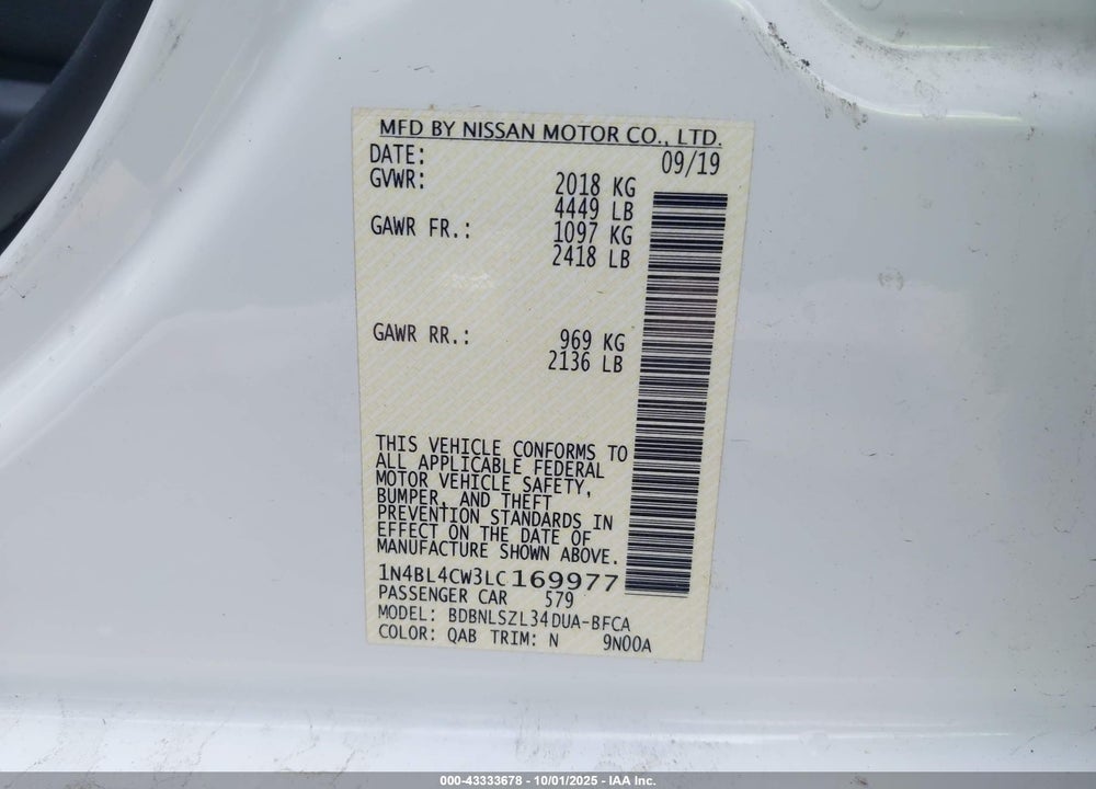 2020 NISSAN ALTIMA VIN: 1N4BL4CW3LC169977