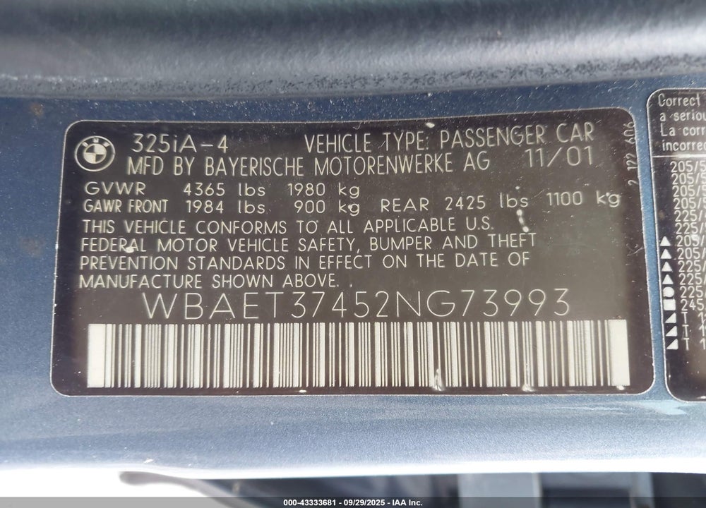2002 BMW 325I VIN: WBAET37452NG73993