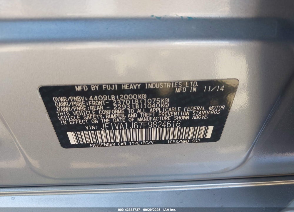 2015 SUBARU WRX VIN: JF1VA1J67F9824616
