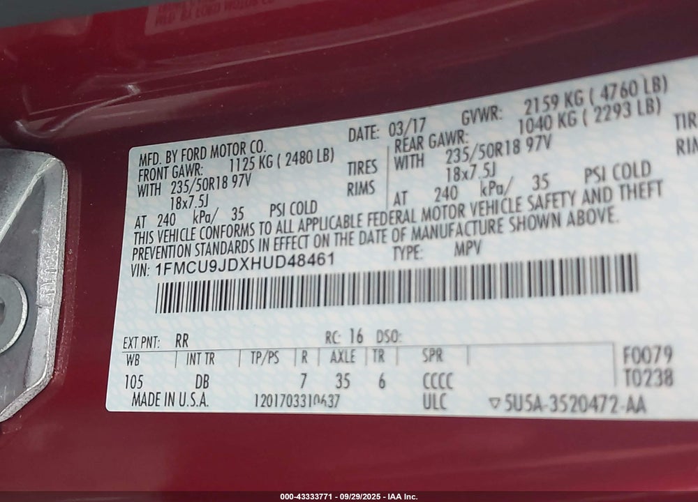 2017 FORD ESCAPE TITANIUM VIN: 1FMCU9JDXHUD48461