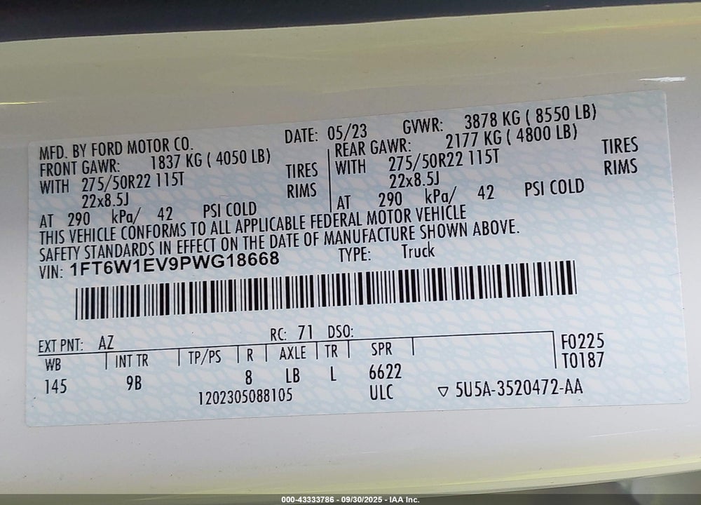 2023 FORD F-150 LIGHTNING VIN: 1FT6W1EV9PWG18668