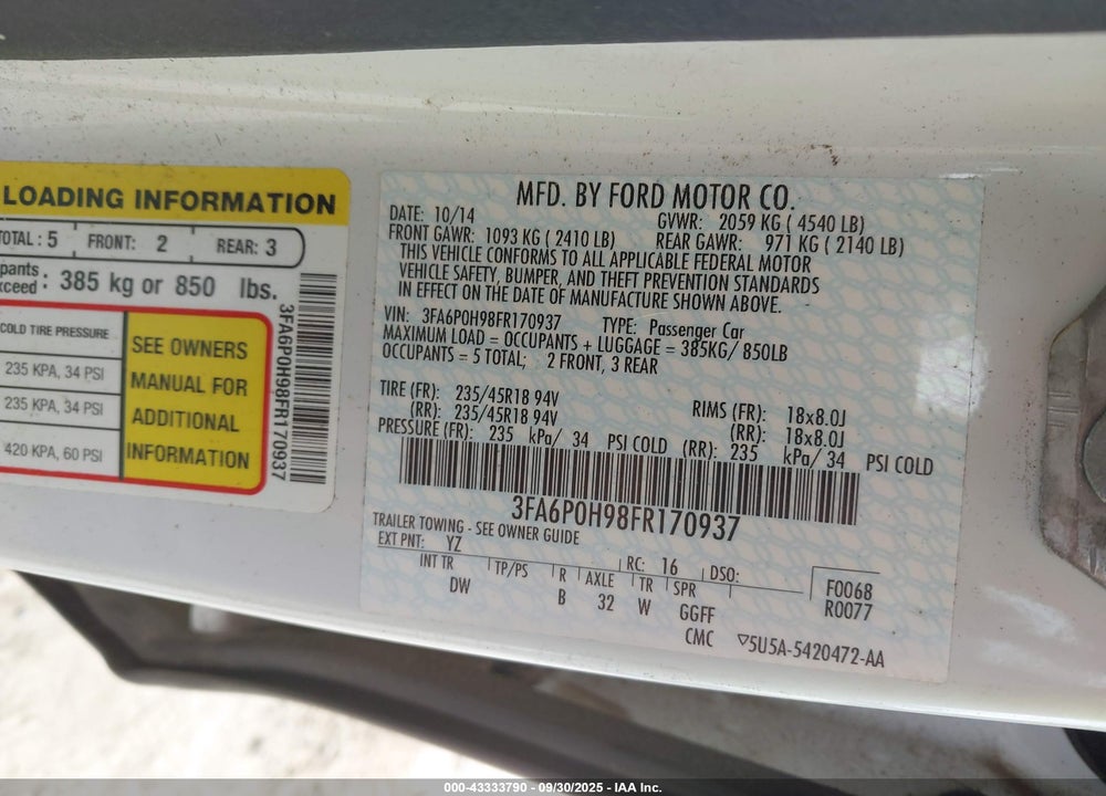 2015 FORD FUSION SE VIN: 3FA6P0H98FR170937