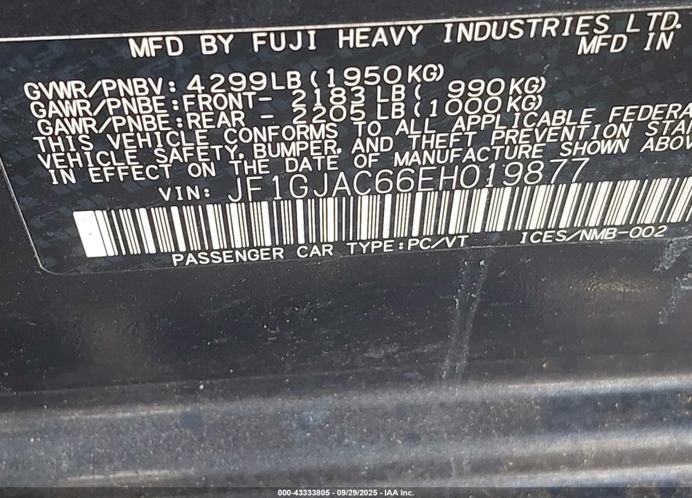 2014 SUBARU IMPREZA VIN: JF1GJAC66EH019877