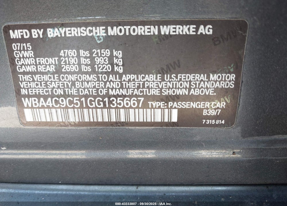2016 BMW 4 SERIES VIN: WBA4C9C51GG135667